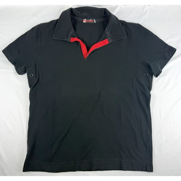 Prada Vintage Piquet Mens Polo Shirt Open Placket Logo Black Cotton M - Picture 2 of 8